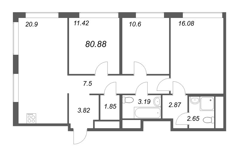 4-комнатная (Евро) квартира, 80.88 м² - планировка, фото №1