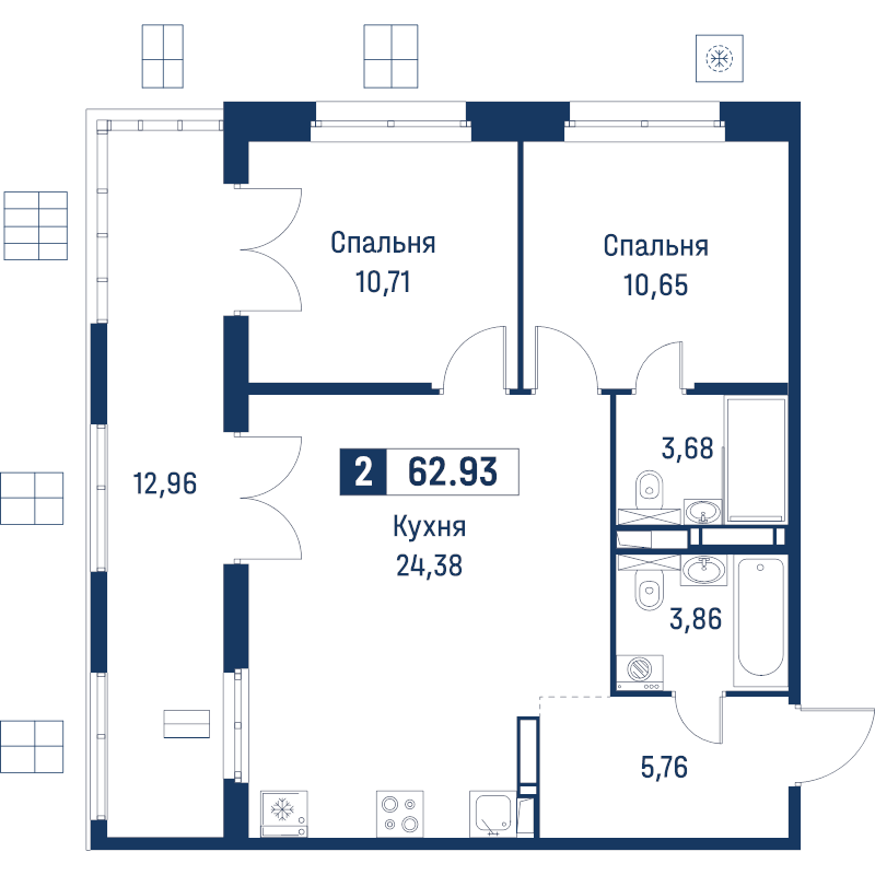 3-комнатная (Евро) квартира, 62.93 м² в ЖК "Символист" - планировка, фото №1