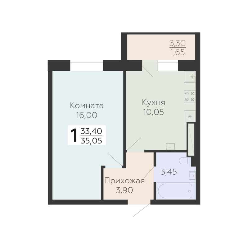 1-комнатная квартира, 35.05 м² в ЖК "Ленский" - планировка, фото №1