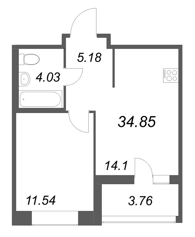 1-комнатная квартира, 34.85 м² в ЖК "Ультра Сити 3.0" - планировка, фото №1