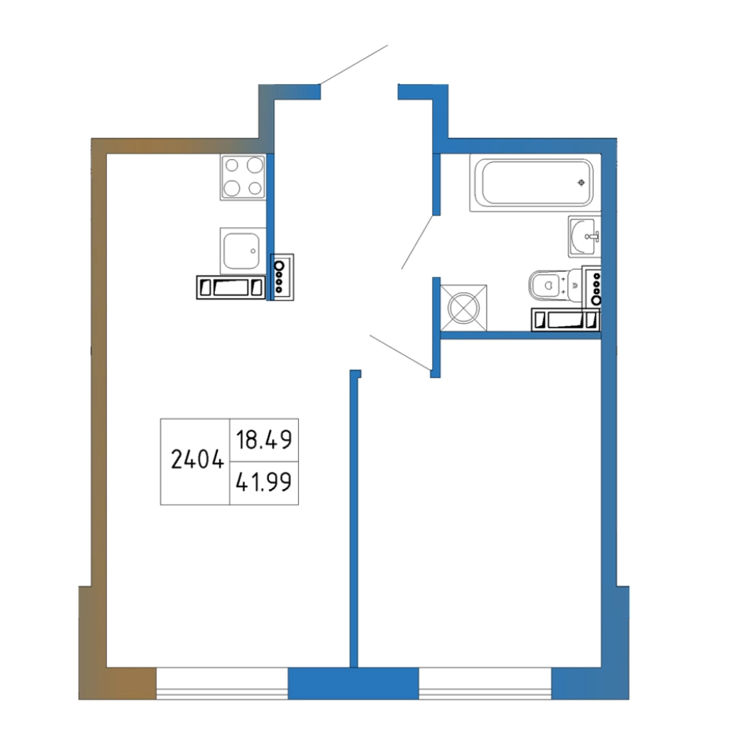 2-комнатная (Евро) квартира, 41.99 м² в ЖК "Атмосфера Выборга" - планировка, фото №1