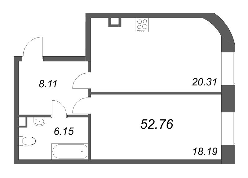 2-комнатная (Евро) квартира, 52.76 м² в ЖК "MONODOM-ART" - планировка, фото №1