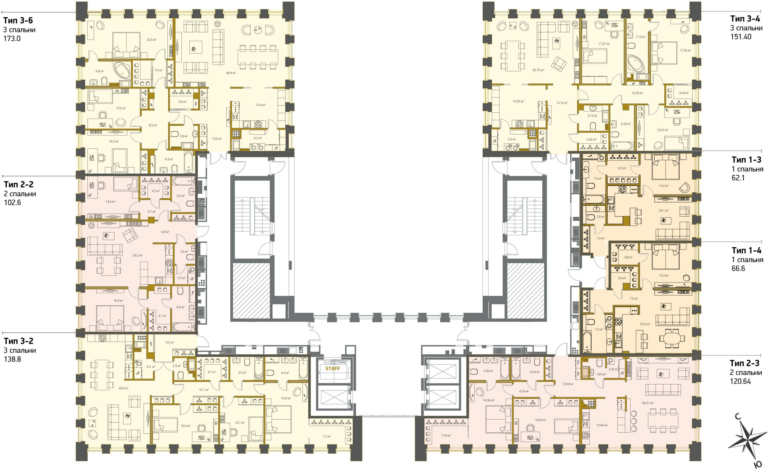 2-комнатная (Евро) квартира, 61.9 м² - планировка этажа