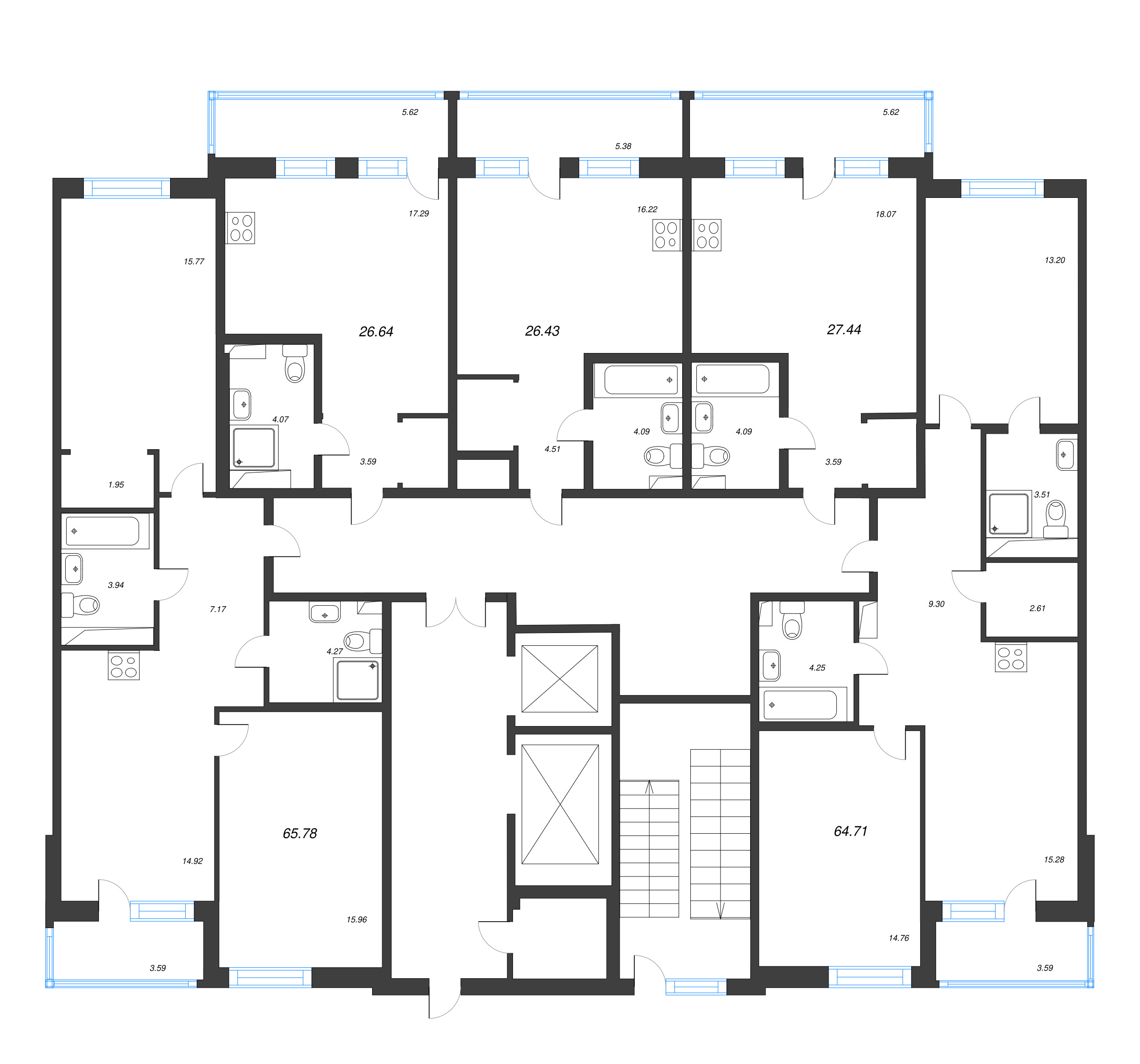 3-комнатная (Евро) квартира, 65.78 м² в ЖК "Энфилд" - планировка этажа