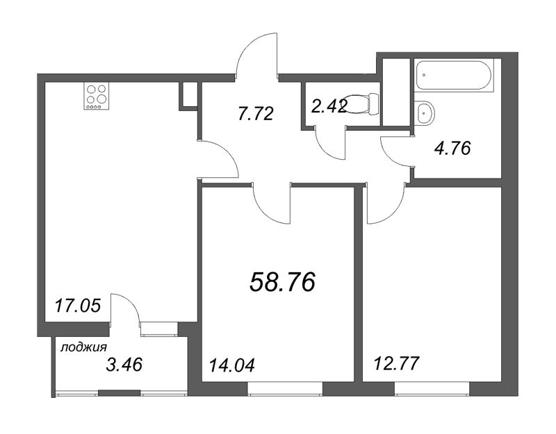 3-комнатная (Евро) квартира, 58.76 м² - планировка, фото №1