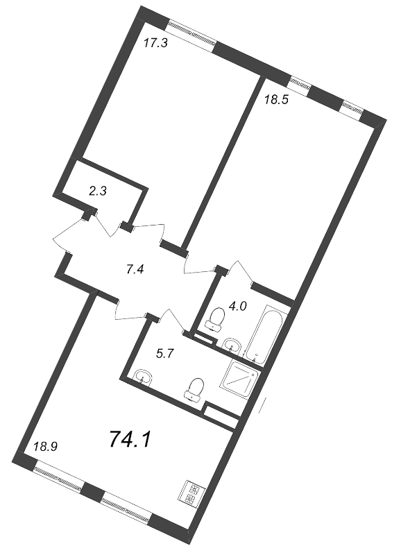 2-комнатная квартира, 74.1 м² - планировка, фото №1