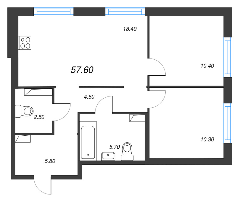 3-комнатная (Евро) квартира, 57.6 м² в ЖК "Струны" - планировка, фото №1