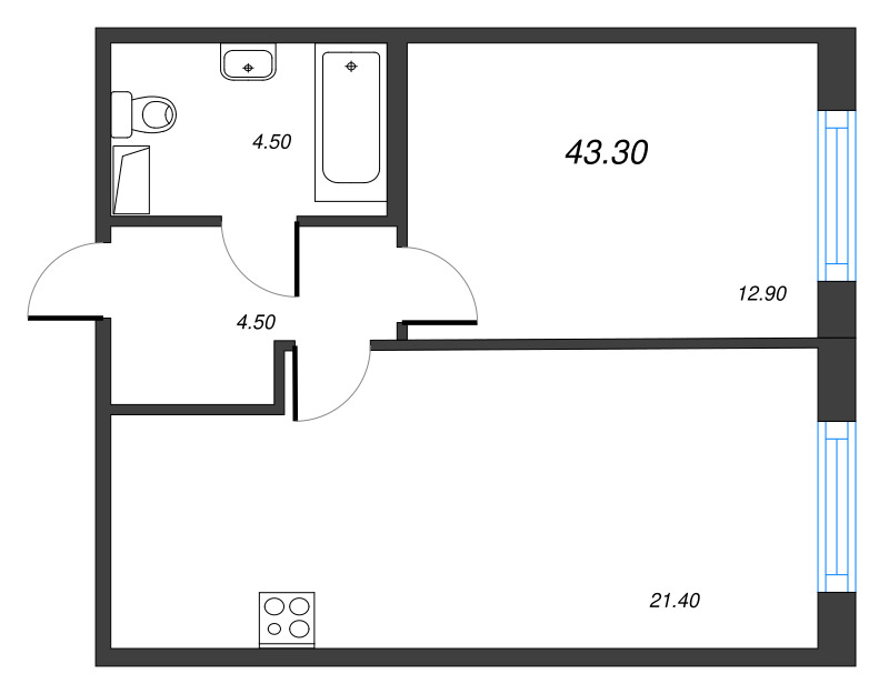 2-комнатная (Евро) квартира, 43.3 м² - планировка, фото №1
