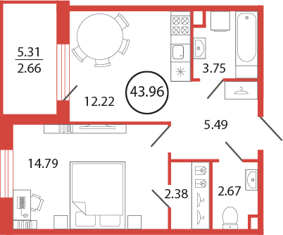 1-комнатная квартира, 43.96 м² в ЖК "Энфилд" - планировка, фото №1