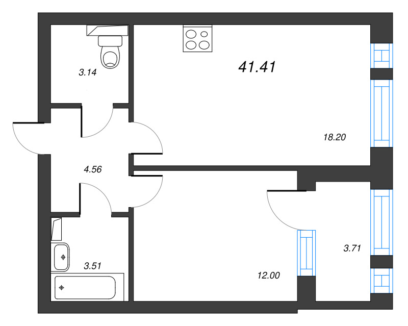 2-комнатная (Евро) квартира, 43.27 м² в ЖК "Кронфорт. Центральный" - планировка, фото №1