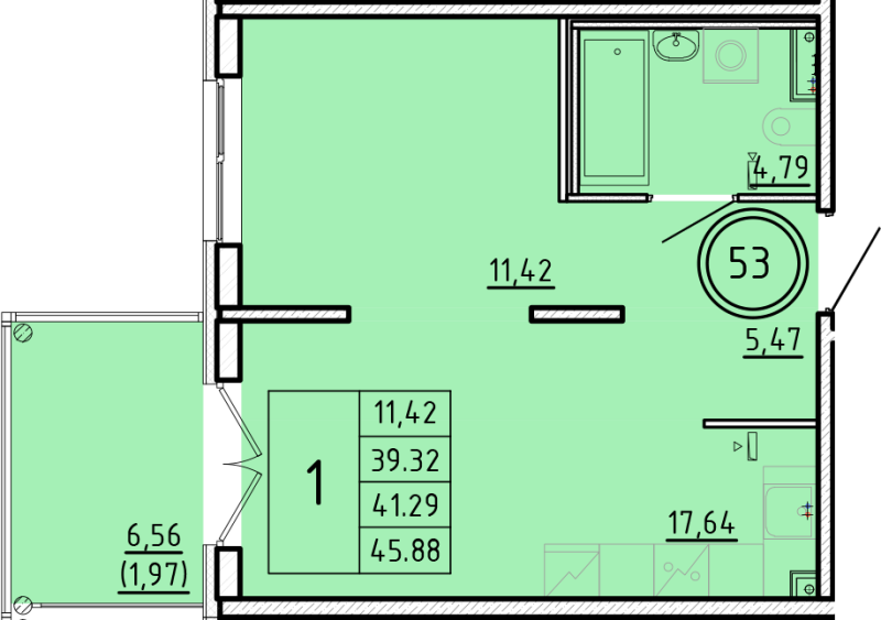 2-комнатная (Евро) квартира, 39.32 м² - планировка, фото №1