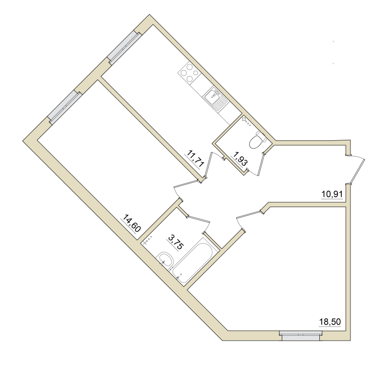 2-комнатная квартира, 62.5 м² - планировка, фото №1