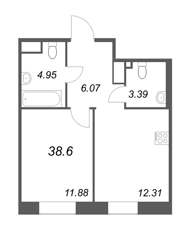 1-комнатная квартира, 38.6 м² в ЖК "ID Svetlanovskiy" - планировка, фото №1