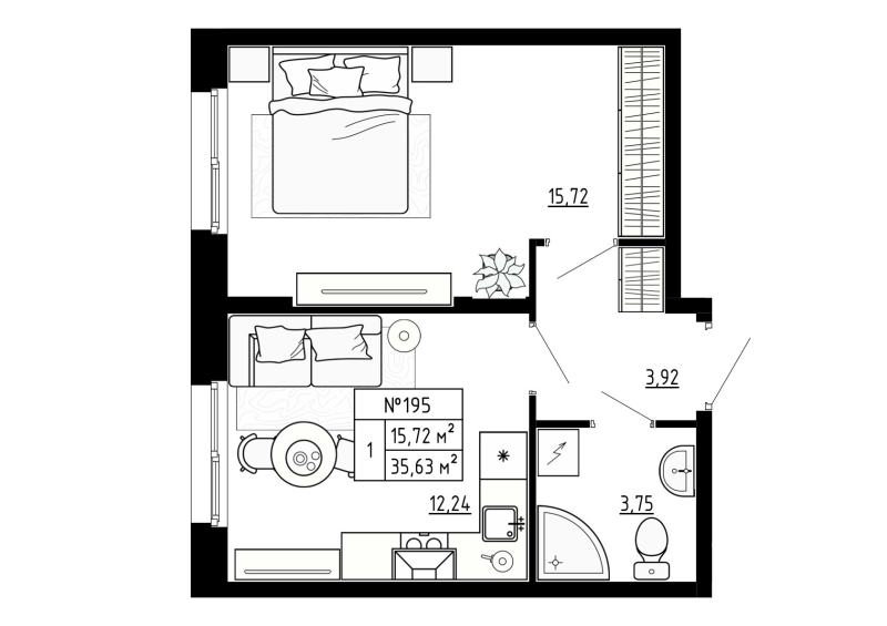 1-комнатная квартира, 35.69 м² в ЖК "Аннино Сити" - планировка, фото №1