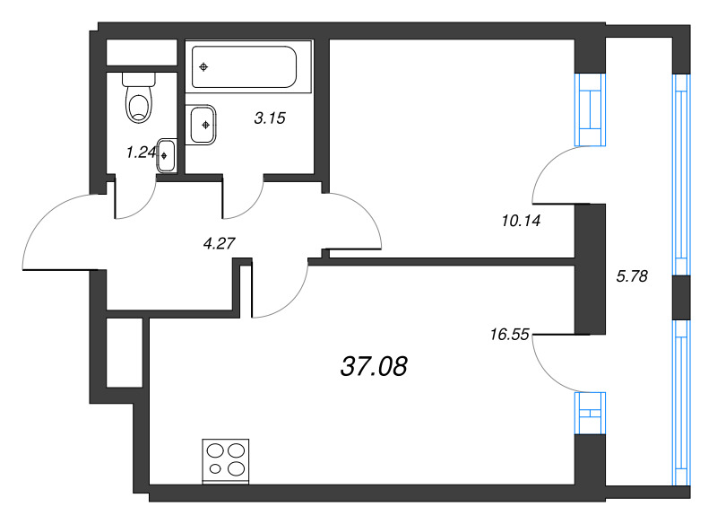 2-комнатная (Евро) квартира, 37.08 м² - планировка, фото №1