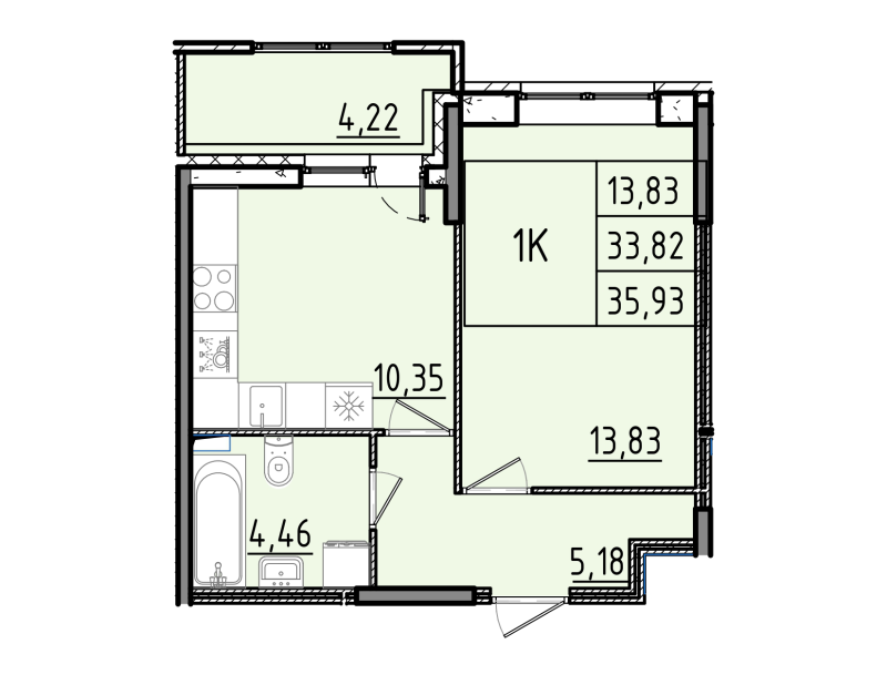 1-комнатная квартира, 35.93 м² в ЖК "Аквилон РекаПарк" - планировка, фото №1