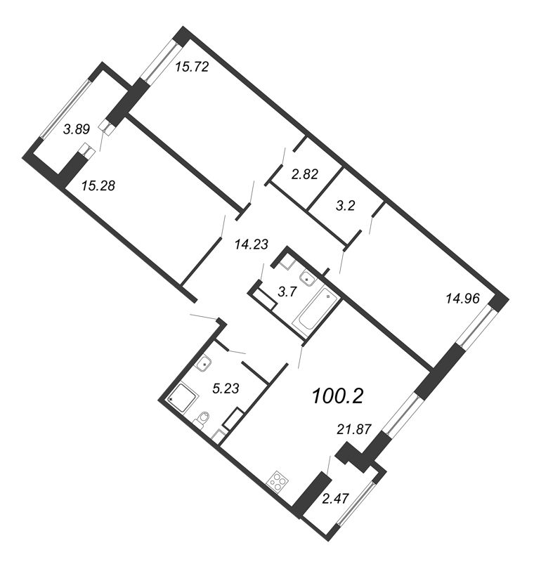 4-комнатная (Евро) квартира, 100.2 м² - планировка, фото №1