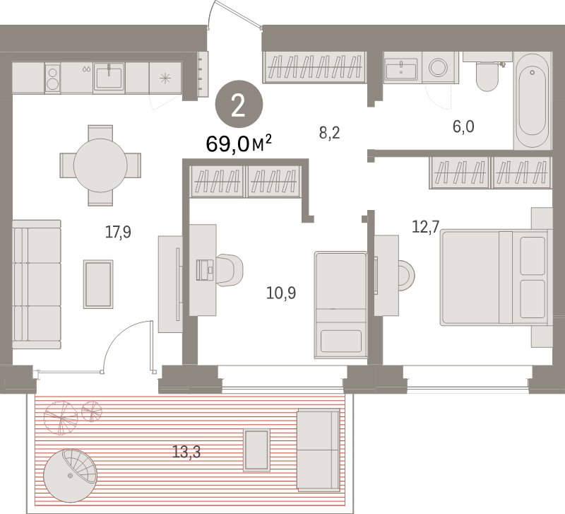 3-комнатная (Евро) квартира, 69 м² в ЖК "Брусника в Новоселье" - планировка, фото №1