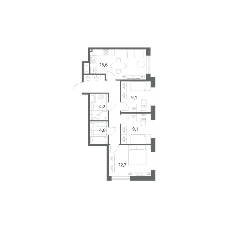 4-комнатная (Евро) квартира, 65.6 м² в ЖК "Парусная 1" - планировка, фото №1