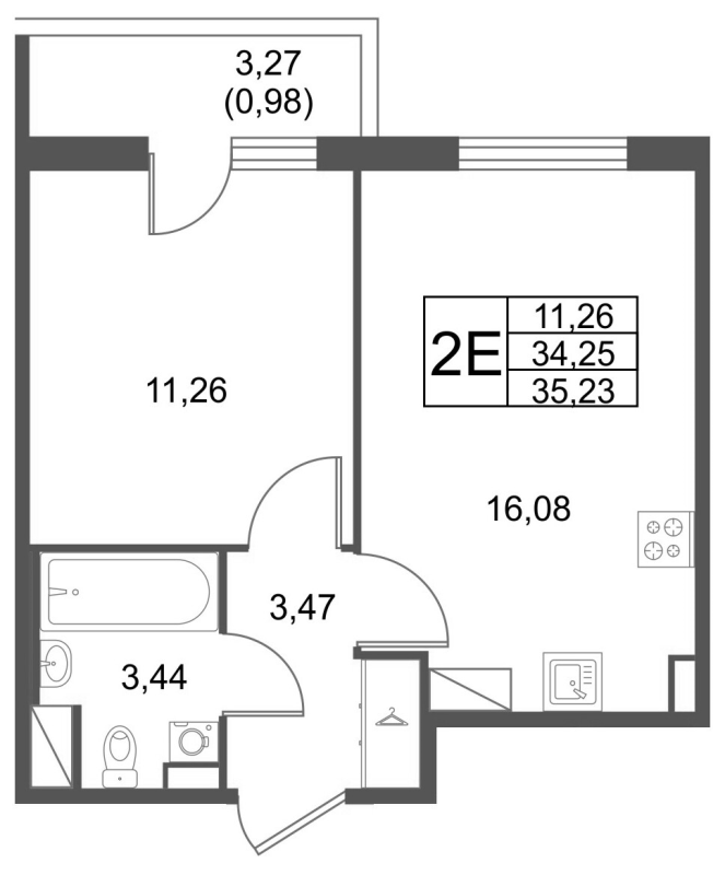 2-комнатная (Евро) квартира, 35.23 м² в ЖК "Лето" - планировка, фото №1