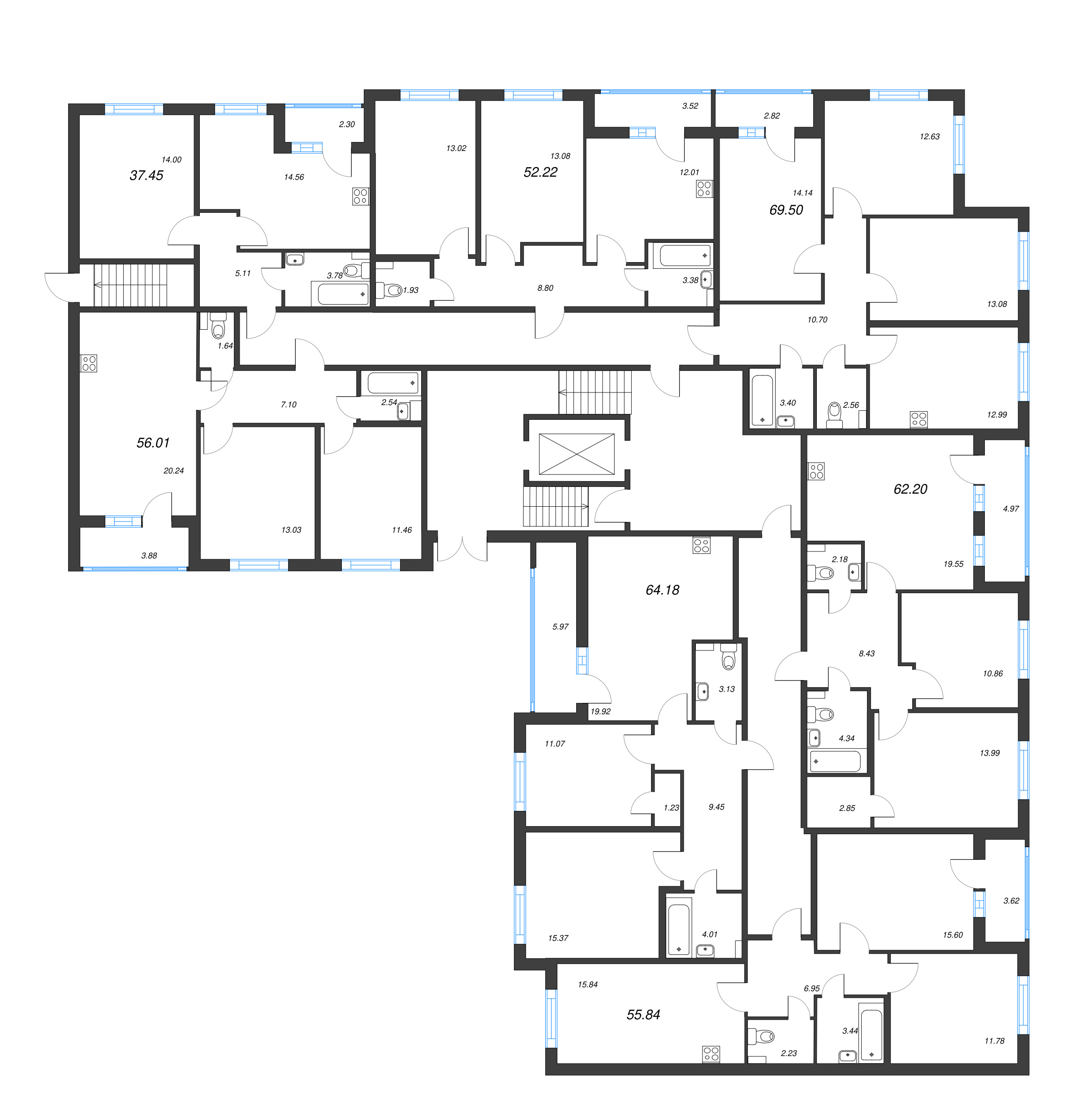 3-комнатная (Евро) квартира, 55.84 м² - планировка этажа