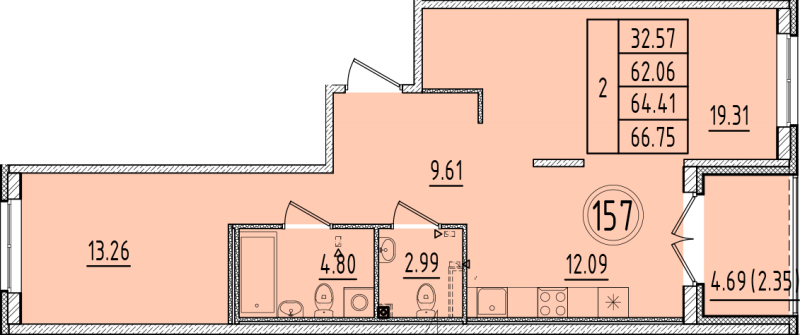 2-комнатная квартира, 62.06 м² в ЖК "Образцовый квартал 6.4" - планировка, фото №1