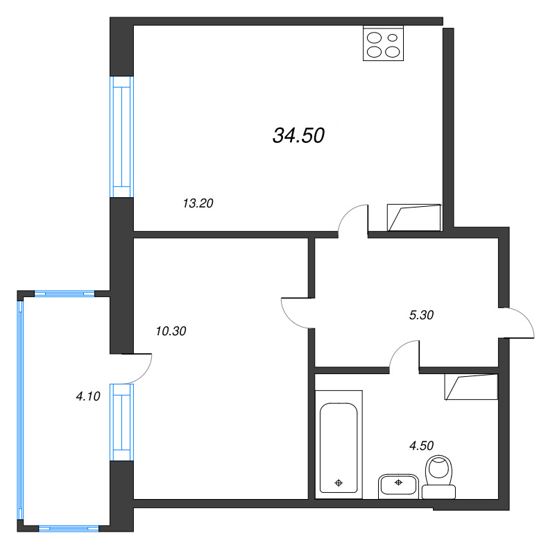 1-комнатная квартира, 34.5 м² - планировка, фото №1