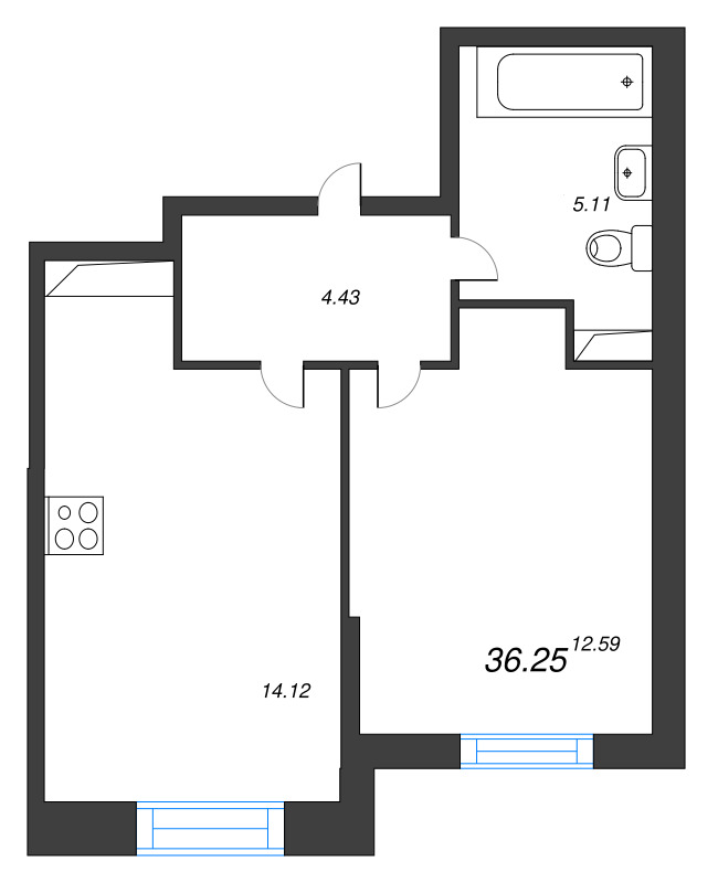 1-комнатная квартира, 36.25 м² в ЖК "Аквилон Stories" - планировка, фото №1