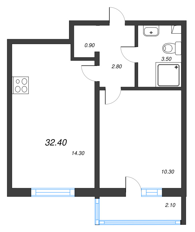 1-комнатная квартира, 32.4 м² в ЖК "Дыбенко Парк" - планировка, фото №1