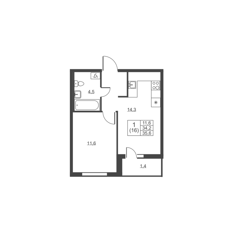 1-комнатная квартира, 35.6 м² в ЖК "Ермак" - планировка, фото №1