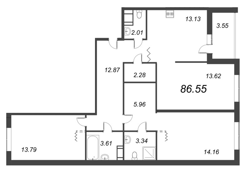 3-комнатная квартира, 87.2 м² - планировка, фото №1
