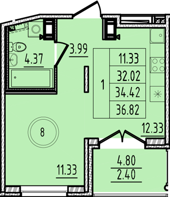 1-комнатная квартира, 32.02 м² в ЖК "Образцовый квартал 14" - планировка, фото №1
