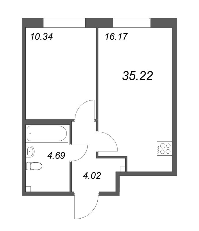 2-комнатная (Евро) квартира, 35.22 м² - планировка, фото №1