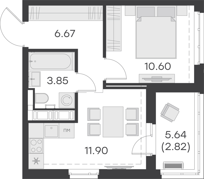 1-комнатная квартира, 35.84 м² - планировка, фото №1