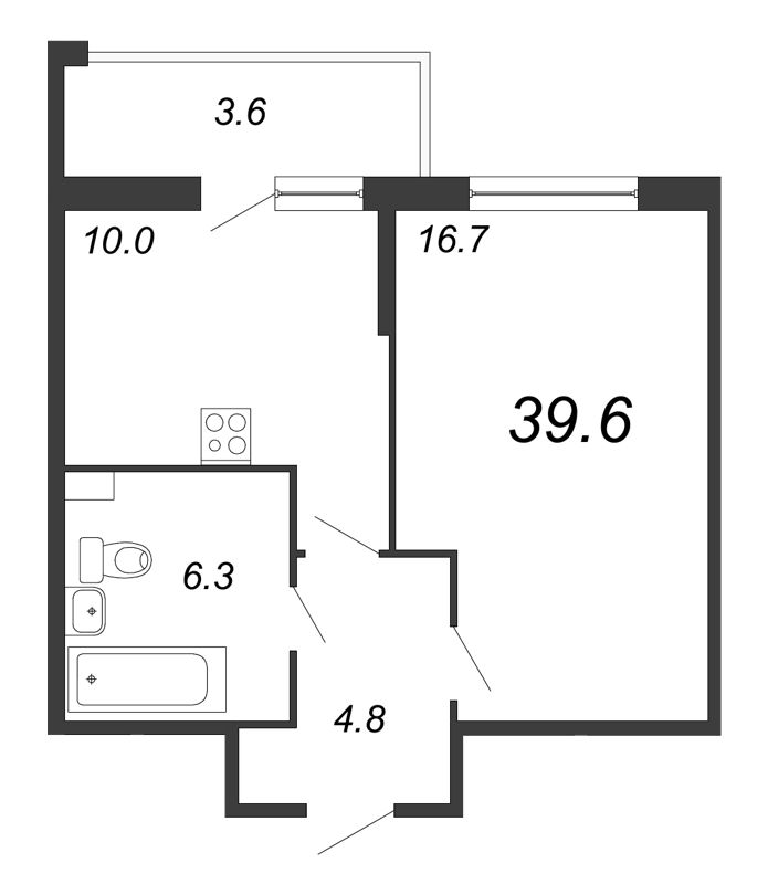 1-комнатная квартира, 40 м² в ЖК "Квартал Che" - планировка, фото №1