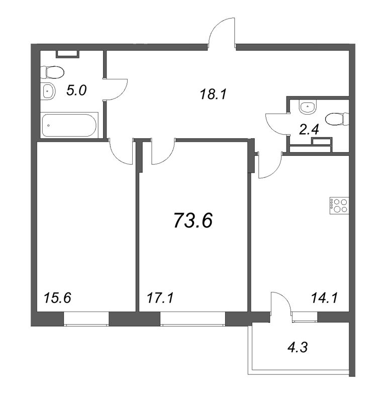 2-комнатная квартира, 73.6 м² - планировка, фото №1