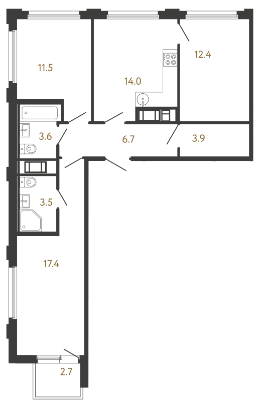 3-комнатная квартира, 73 м² в ЖК "Гений" - планировка, фото №1