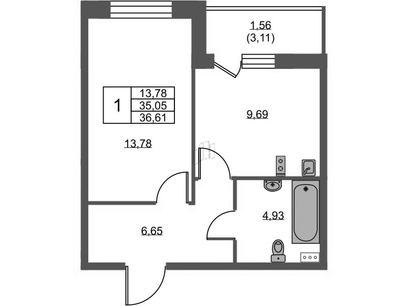 1-комнатная квартира, 36.61 м² - планировка, фото №1