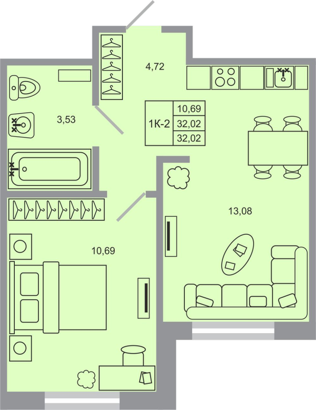 1-комнатная квартира, 32.02 м² - планировка, фото №1