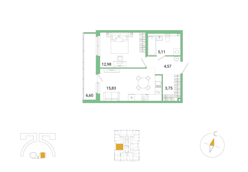 2-комнатная (Евро) квартира, 45.54 м² в ЖК "Окла Вижн" - планировка, фото №1