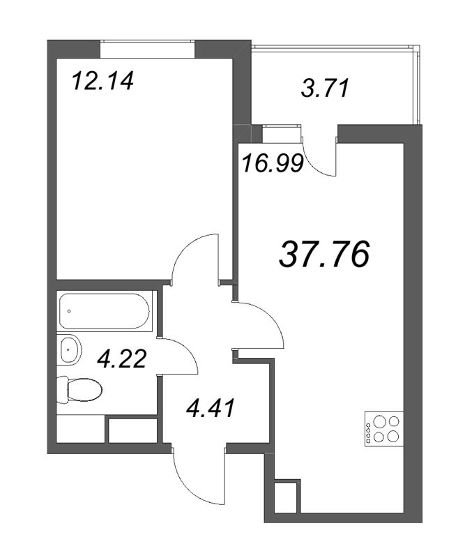 2-комнатная (Евро) квартира, 37.76 м² - планировка, фото №1