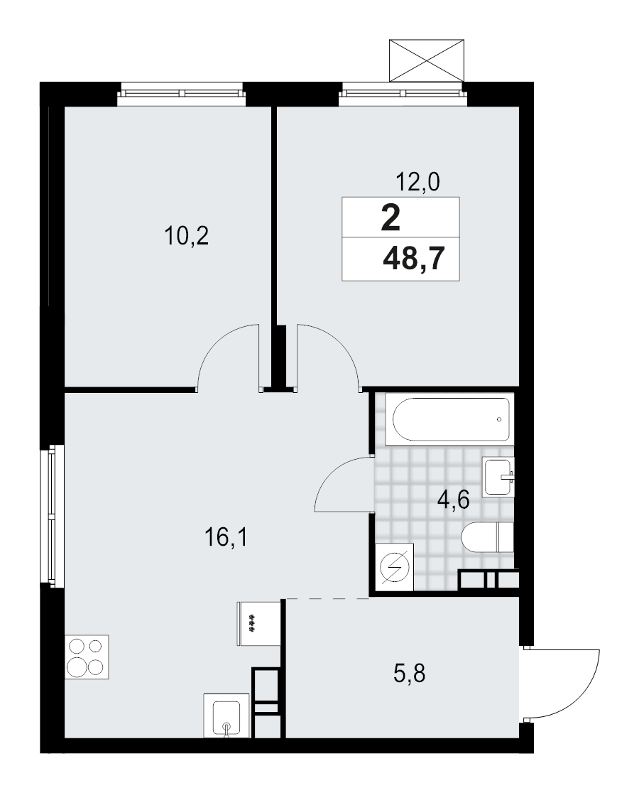 3-комнатная (Евро) квартира, 48.7 м² - планировка, фото №1
