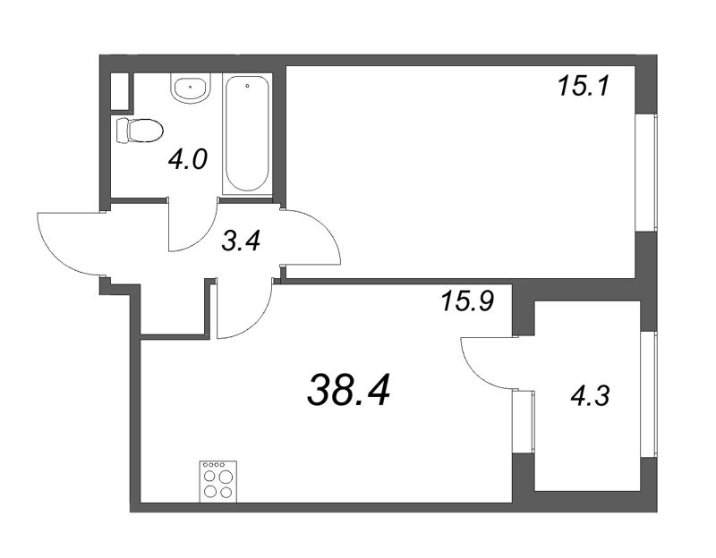 2-комнатная (Евро) квартира, 38.4 м² - планировка, фото №1