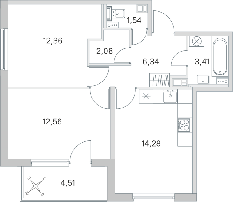 2-комнатная квартира, 52.57 м² в ЖК "Любоград" - планировка, фото №1