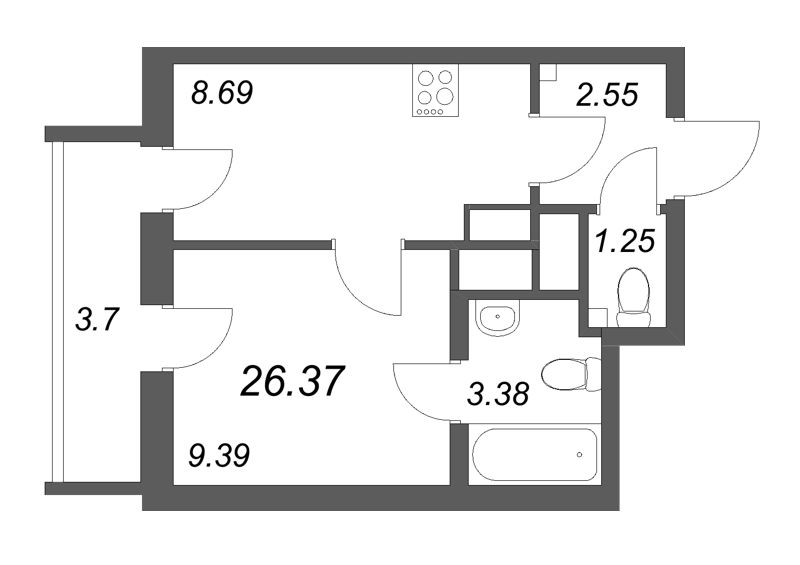 1-комнатная квартира, 26.37 м² в ЖК "Южный форт" - планировка, фото №1