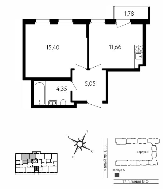 1-комнатная квартира, 36.99 м² в ЖК "17-я линия" - планировка, фото №1