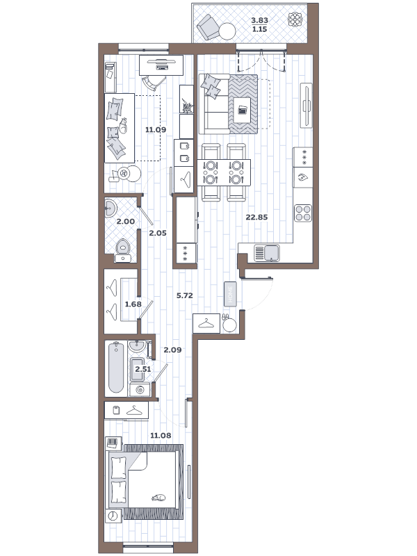 3-комнатная (Евро) квартира, 62.22 м² в ЖК "Новое Горелово" - планировка, фото №1