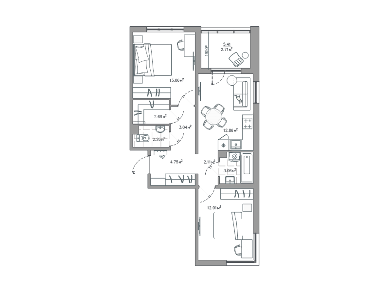 2-комнатная квартира, 58.55 м² в ЖК "ЛесАрт" - планировка, фото №1
