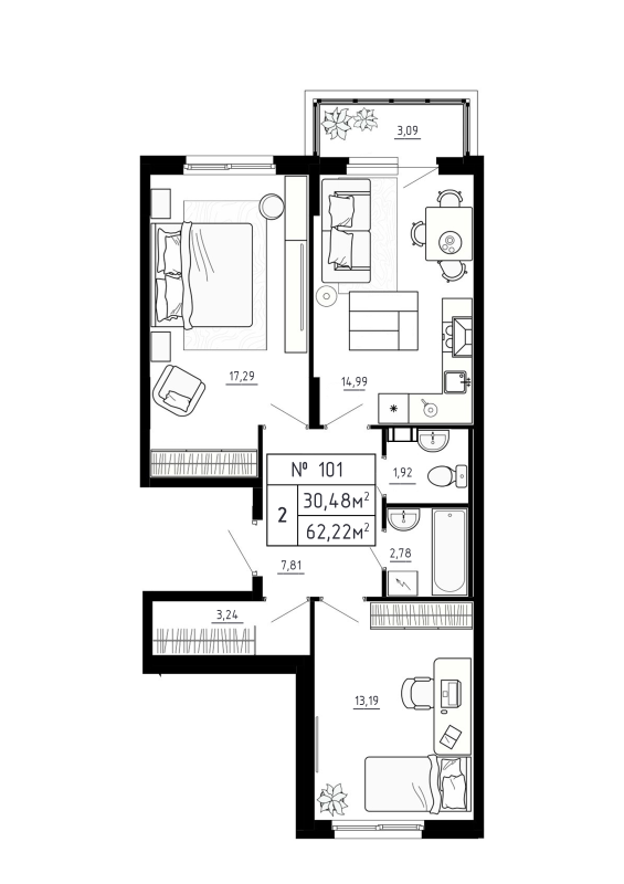 2-комнатная квартира, 62.22 м² в ЖК "Аннино Сити" - планировка, фото №1