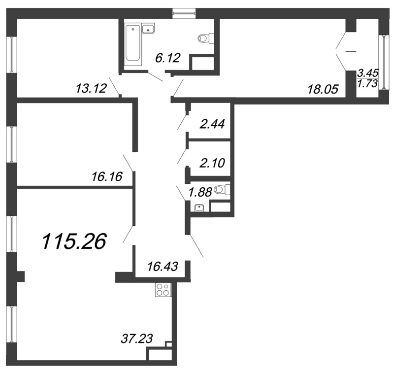 4-комнатная (Евро) квартира, 115.26 м² - планировка, фото №1